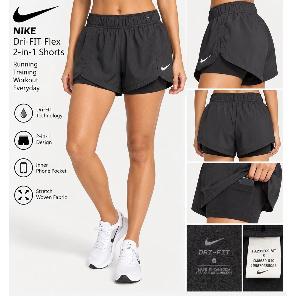 Nike Dri-FIT Flex 2-in-1 Shorts Womens Small Black Running Training DJ8680-010